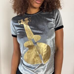 Vintage Calvin Klein Silver Velour Graphic Tee with Gold Guitar Print (XS/S)